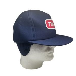 Vtg TWA Groundcrew Hat Cap Blue Snapback All Foam Ear Flaps Patch Made In USA